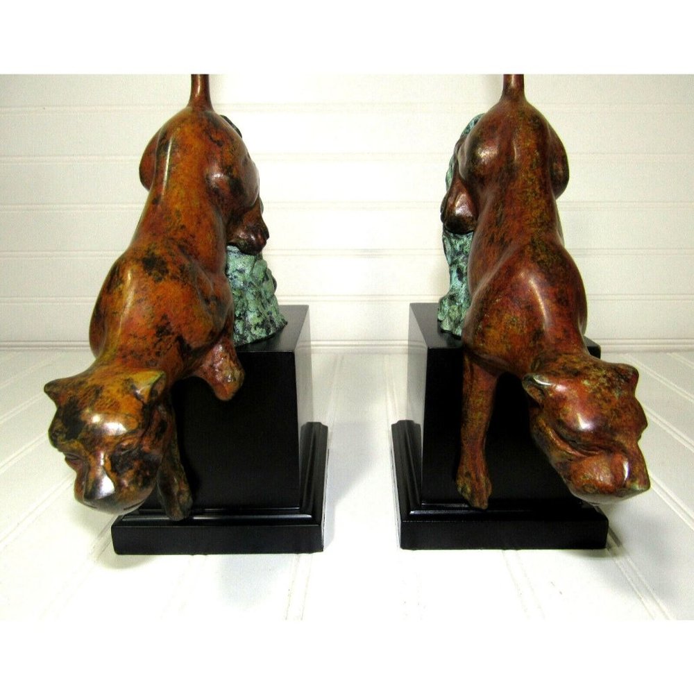 Vintage 12" MCM Art Deco Panther Jaguar Tiger Bronze Sculpture Bookends Statue - Picture 3 of 5